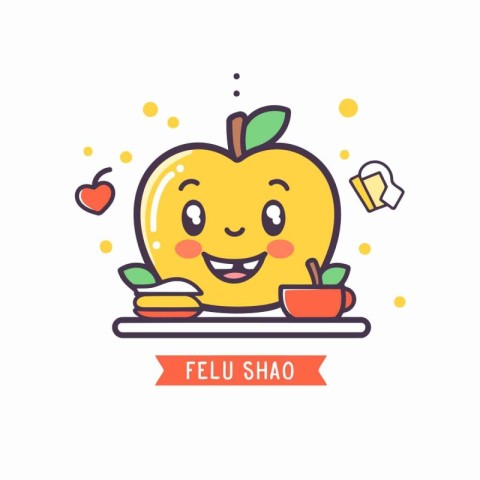 Cute apple character with happy face. Vector illustration in fla