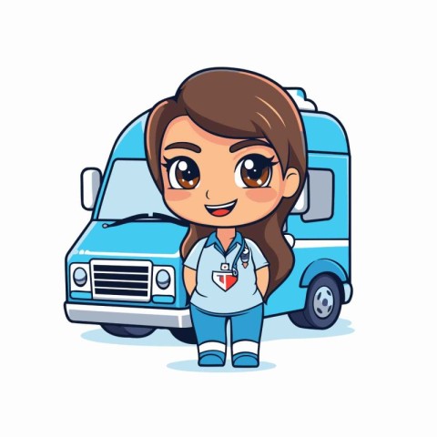 cute little girl in uniform with camper van vector illustration