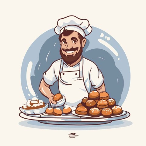 Chef holding a tray of freshly baked buns. Vector illustration.