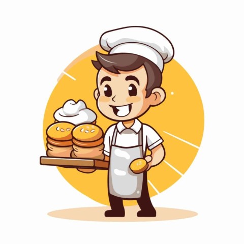 Cartoon chef with a tray of bread and cream. Vector illustration