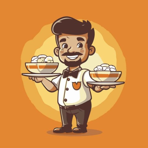 Cute cartoon waiter with a plate of dumplings. Vector illustrati