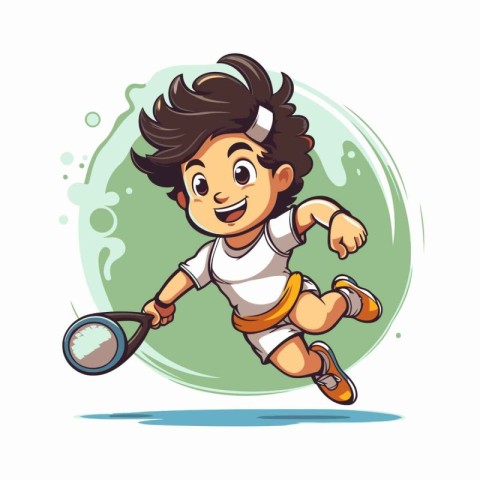 Cartoon boy playing tennis. Vector illustration isolated on whit