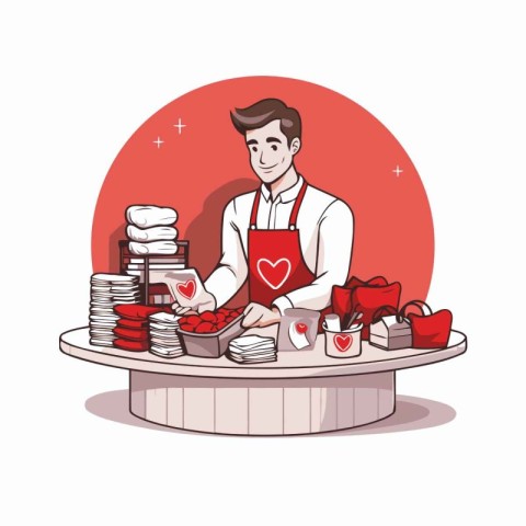 Flat vector illustration of a man in a red apron is making a hea