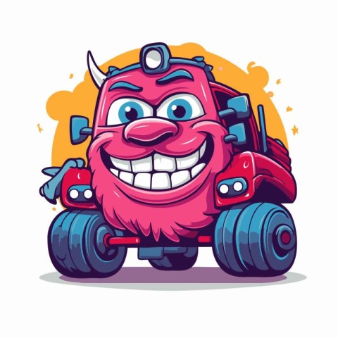 Funny cartoon monster on a red toy car. Vector illustration.