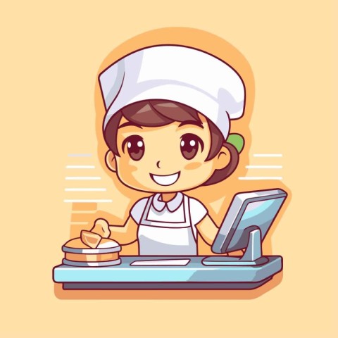 Cute chef boy cooking on the kitchen. Vector cartoon illustratio