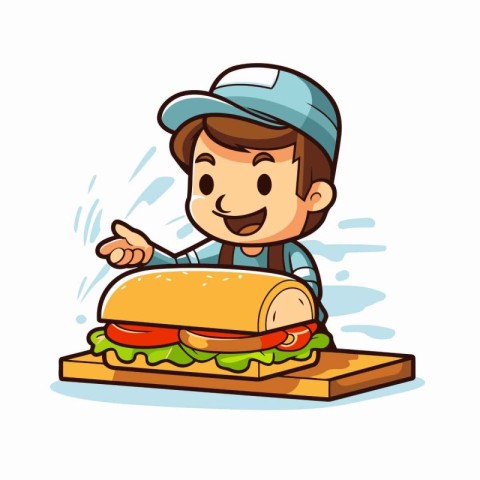 Illustration of a Kid Boy Eating a Sandwich in a Sandwich Shop