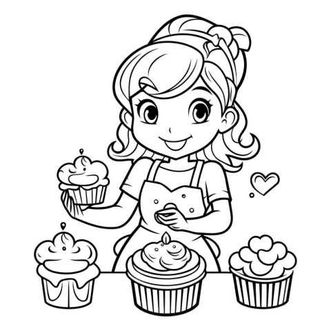 Black and White Cartoon Illustration of Cute Little Girl with Cu