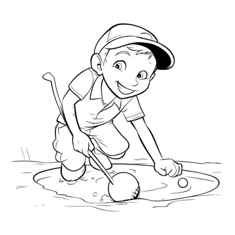 Little boy playing golf - black and white vector illustration fo