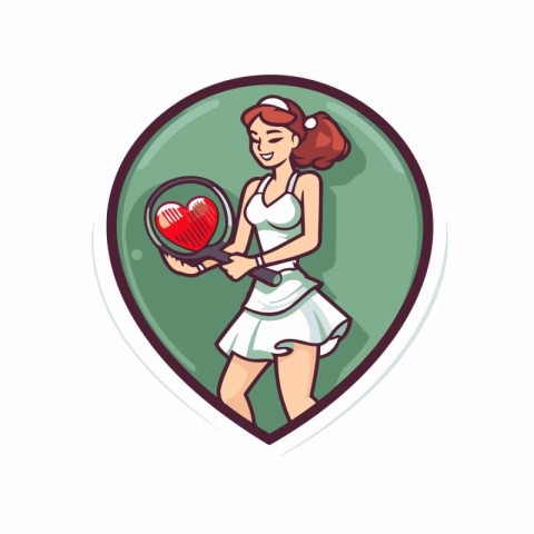 Female tennis player holding a racket and heart shaped ball. Vec