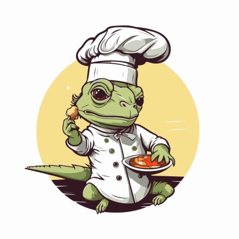 Cute crocodile chef cartoon character with a plate of food.