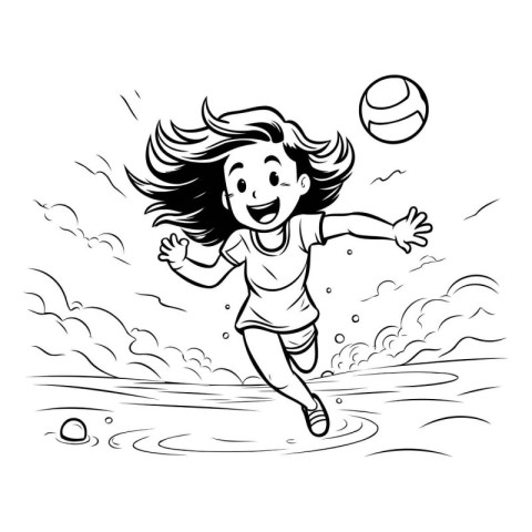 Girl playing volleyball on the beach. Black and white vector ill