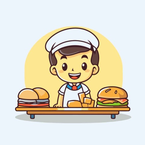 Chef with hamburger and sandwich cartoon character vector illust