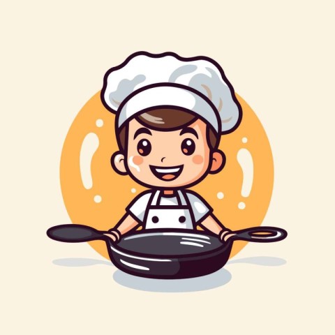 Chef boy with frying pan. Cute cartoon vector illustration.