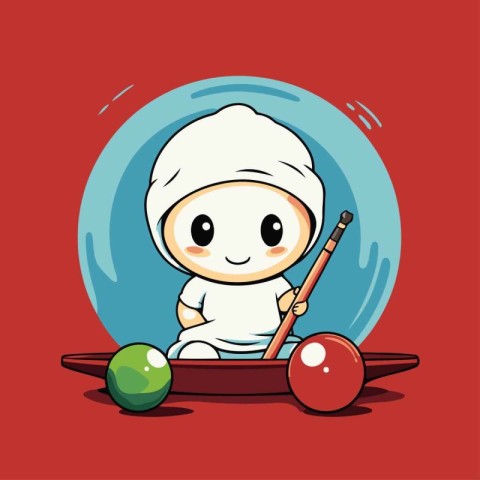 Cute little boy playing billiards. Vector cartoon illustration.