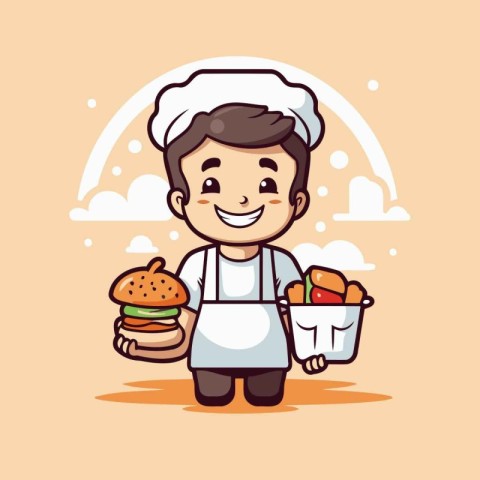 Cute Chef Boy Holding Burger and Vegetables Cartoon Vector Illus