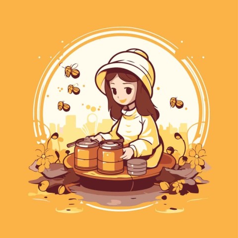 Vector illustration of a girl collecting honey in the autumn par