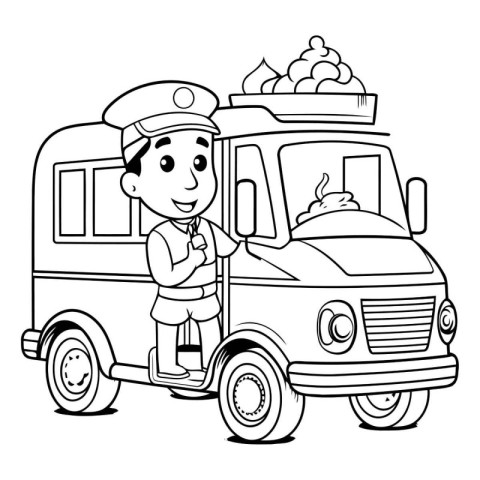 Black and White Cartoon Illustration of a Food Delivery Boy Driv