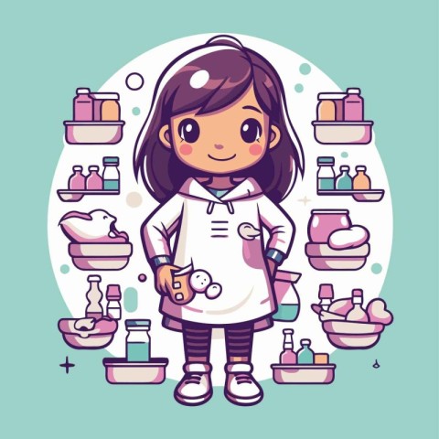 Cute little girl in chef uniform. Vector illustration in cartoon