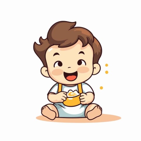 Cute little boy eating soup. Vector illustration. Isolated on wh