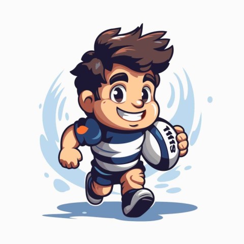 Cartoon rugby player running with ball. Vector illustration isol