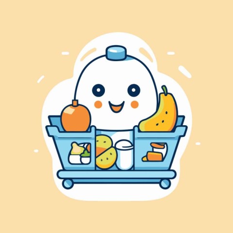 Vector illustration of shopping cart with healthy food. Cute car