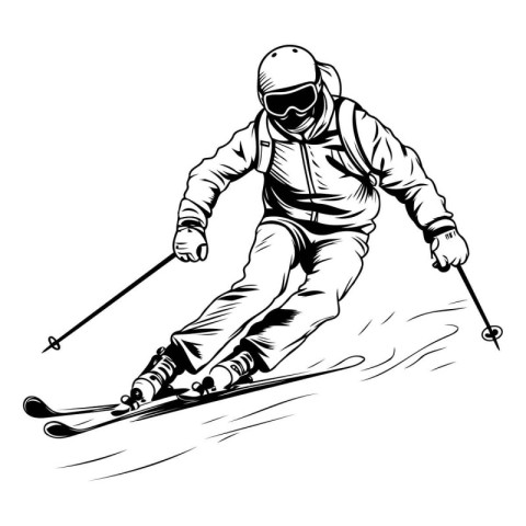 Skiing. Monochrome vector illustration of skier skiing downhill