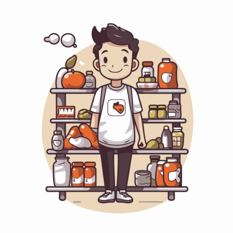 Illustration of a young man standing in front of shelves full of