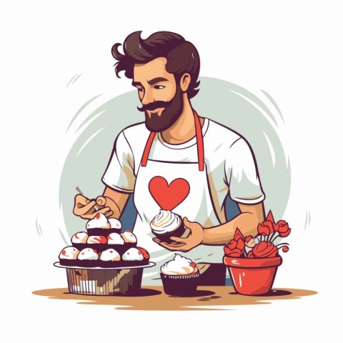 Handsome man with beard cooking cupcakes. Vector illustration in