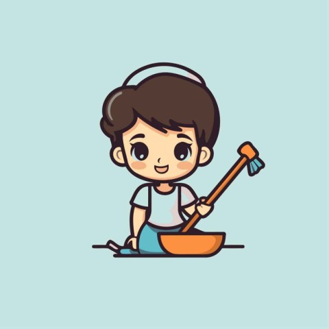 Cute boy cooking with spoon and ladle cartoon vector illustratio