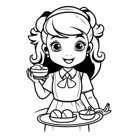 Black and White Cartoon Illustration of Cute Little Girl Dressed