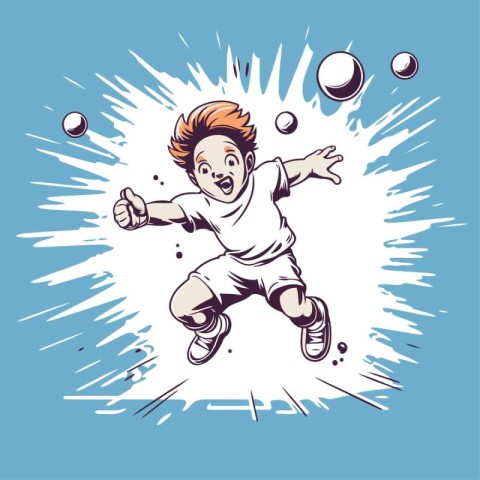 vector illustration of a boy playing football on a blue backgrou