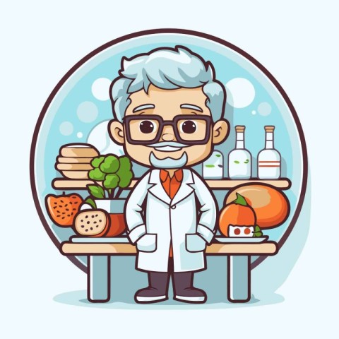 Cartoon scientist with healthy food. Vector illustration in cart