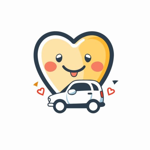 Cute heart character with car on white background. Vector illust