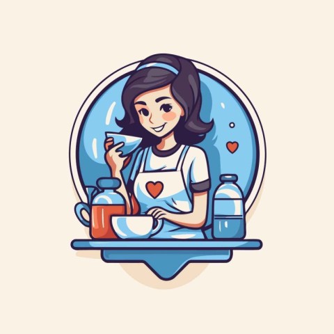 Cute young woman in apron with a glass of milk. Vector illustrat