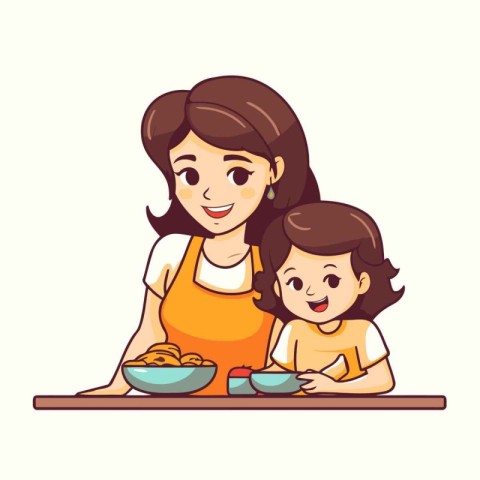 Mother and daughter sitting at the table and eating. Vector illu