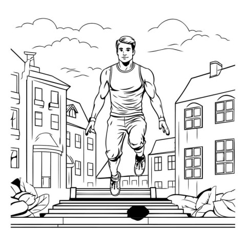 Man jogging in the city. black and white vector illustration.