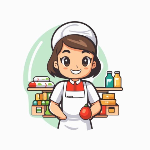 Cute chef girl in uniform holding tomato. Vector cartoon illustr