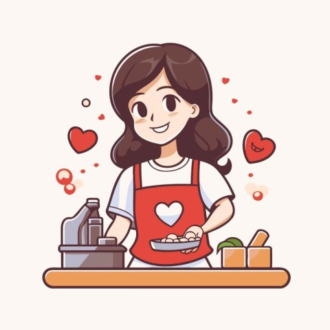 Cute girl baking cookies in the kitchen. Vector illustration in