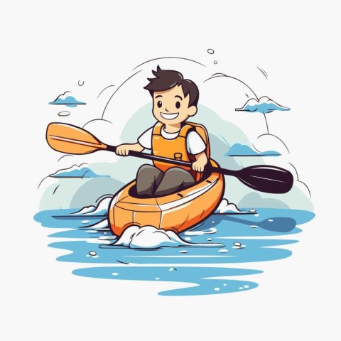 Cartoon boy paddling a kayak on the river. Vector illustration.