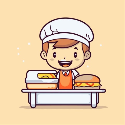 Cartoon chef boy with hamburger and sandwich. Vector illustratio