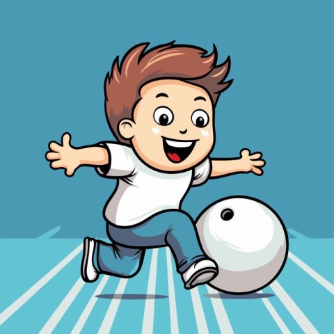 Little boy playing bowling with a ball. Vector illustration in c