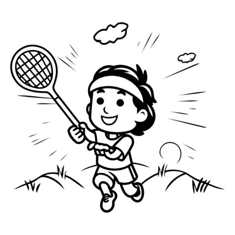 Cartoon illustration of a boy playing badminton - Coloring book