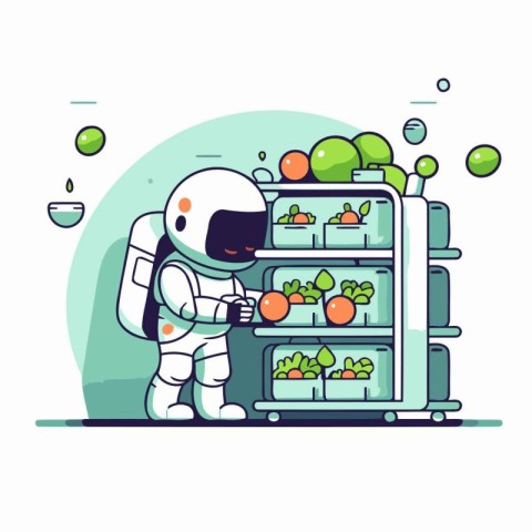 Robot and refrigerator with fruits and vegetables. Cartoon vecto