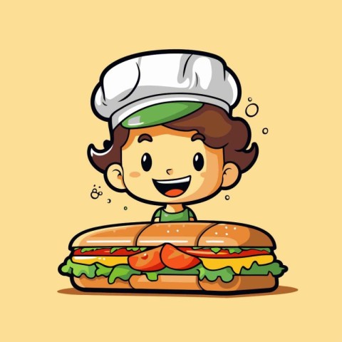 Cartoon chef boy with hamburger. Vector illustration on yellow b