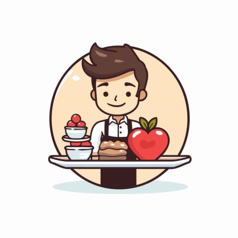 Cute boy with a cake and a apple. Vector illustration.