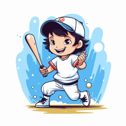 Cartoon baseball player in uniform with bat and ball. Vector ill