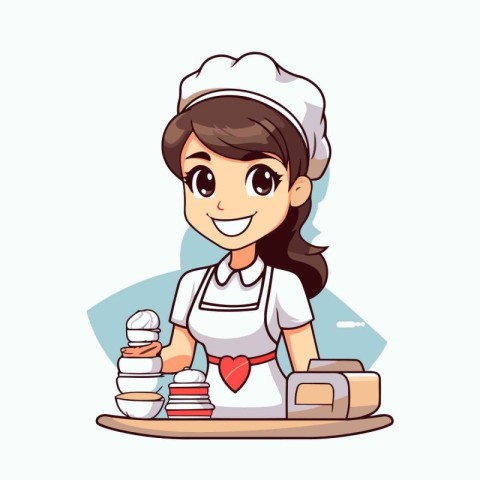 Cute little chef girl with bakery products cartoon vector illust