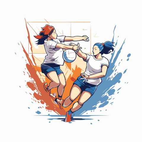 Female rugby players in action. Vector illustration of women pla