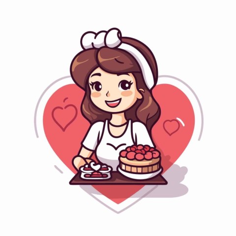 Cute cartoon chef girl with cake and heart. Vector illustration.