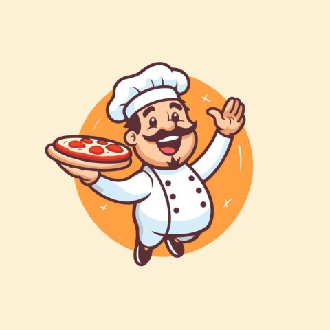 Chef holding pizza vector illustration. Cartoon character in fla